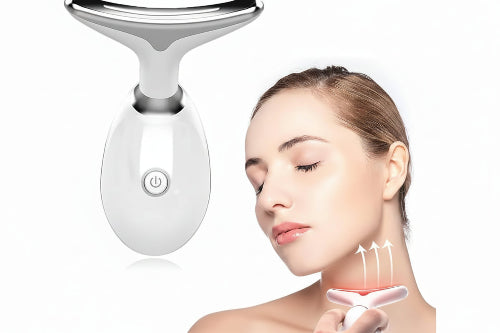 Beauty device with a woman using it on her neck, on a white background
